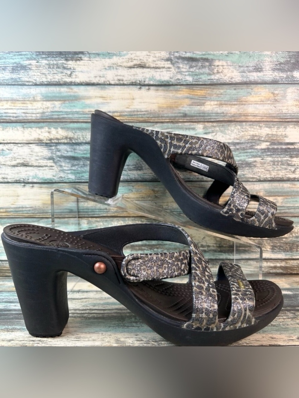 Crocs Cyprus V Sandals Womens Size 10 Black Leopard Print Slides Heels Comfort